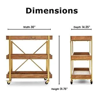 Amazon Brand – Rivet 3-Tiered Rustic Metallic Rolling Wood and Metal Bar Cart, 29.9"W, Natural