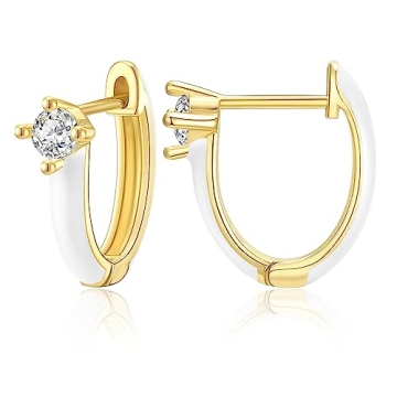 KissYan Gold Huggie Enamel Earrings for Women, 14K Gold Plated Cute Colorful Small Hoop CZ Lightweig...