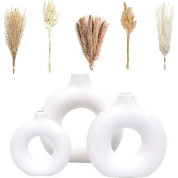 Set of 3 White Ceramic Vases with Dried Pampas Grass for Aesthetic Decor