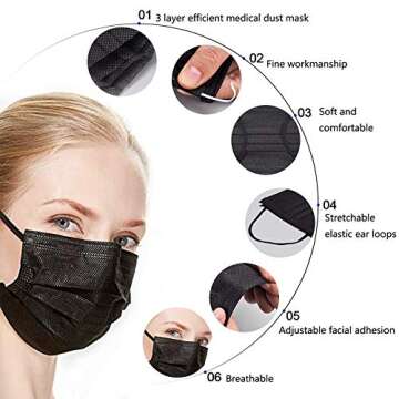 100pcs 3 Layers PLY Black Disposable Face Masks, Hyegiir Comfortable Elastic Earloops Face Masks,Sterile and Breathable for Daily Protection Air Pollution, Dust-proof