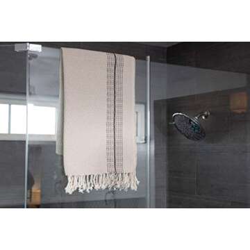 InfuseZen Diamond and Zigzag Handwoven Turkish Towel in Beige, Oversized Peshtemal Bath Towel or Beach Towel (Beige)