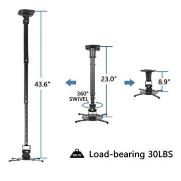 DYNAVISTA Full Motion Universal Ceiling Projector Mount Bracket with Adjustable Height and Extendable Arms Rotating Swivel Mount for Home and Office Projector (Black)