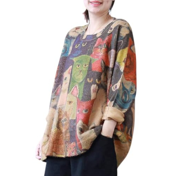 YESNO Women's Christmas Oversized Graphic Sweater - Casual Knit Top