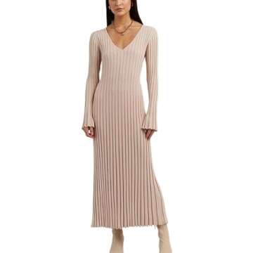 Winter Dress Long Sleeve Ribbed Dress for Women - V-Neck Midi Wrap Long Dresses