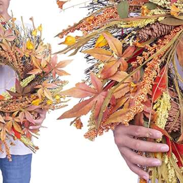 SZAT PRO Fall Wreath 24 Inches Large Farmhouse Autumn Harvest Wreaths with Straw Wheat Maple Leaf Grain for Front Door Wall Round Gold