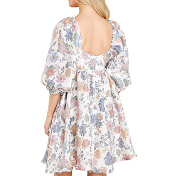 Womens Puff Sleeve Floral Print Dress Babydoll Square Neck A Line High Waist Ruched Summer Mini Dresses