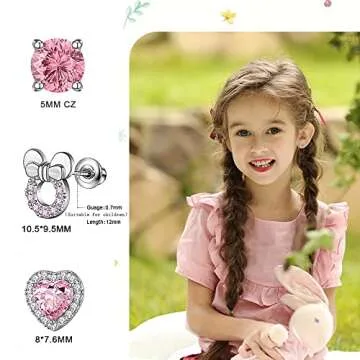 TOPBRIGHT 8 Pairs Hypoallergenic Earrings 925 Sterling Silver Stud Earrings Heart CZ Tiny Butterfly For Kids, Toddlers, Little Girls, Teens, Women
