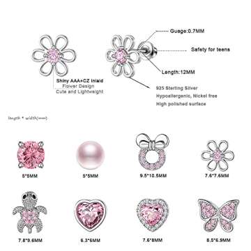 TOPBRIGHT 8 Pairs Hypoallergenic Earrings 925 Sterling Silver Stud Earrings Heart CZ Tiny Butterfly For Kids, Toddlers, Little Girls, Teens, Women