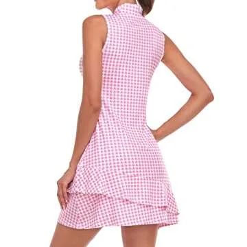 Viracy Tennis Dress for Women Golf Dresses Sleeveless Pink Dresses with Shorts, Pockets Zip Up Stretchy Lightweight for Workout, Hiking Plus Size Houndstooth