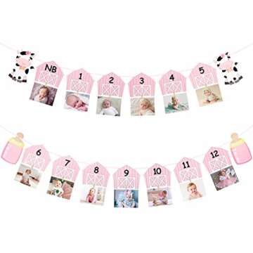 Cow 1st Birthday Party Photo Banner for Newborn to 12 months for Baby Girls Pink Cow Farm Theme Firs...