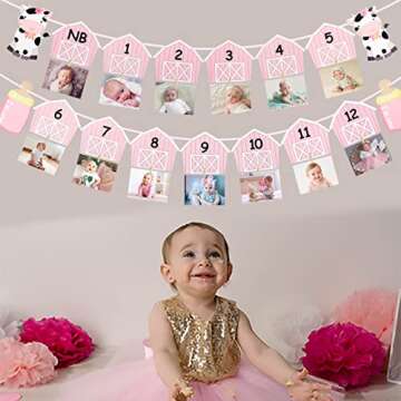 Cow 1st Birthday Party Photo Banner for Newborn to 12 months for Baby Girls Pink Cow Farm Theme First Birthday Party Supplies Baby Shower Decoration