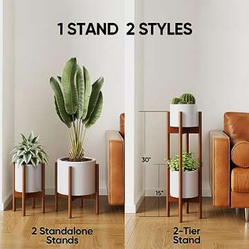 2 Pack Mid Century Modern Plant Stands with Adjustable Width 8" to 12", Indoor Bamboo Plant Stand with 2 Tier Use Method (Pot & Plant Not Included)