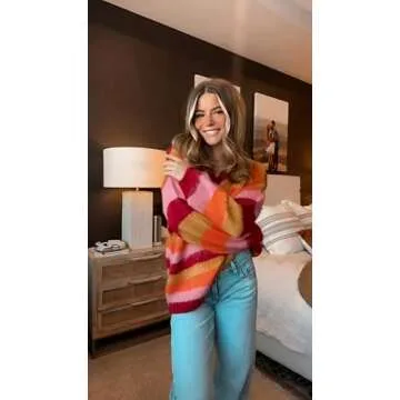 EsheSy Women's Furry Pullover Sweater Striped V Neck Long Sleeve Oversized Knit Pullover Top(RedCombo-XS)