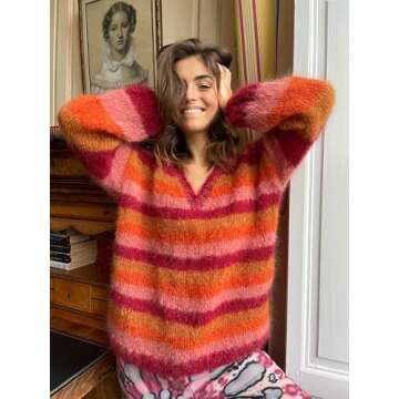 EsheSy Women's Furry Pullover Sweater Striped V Neck Long Sleeve Oversized Knit Pullover Top(RedCombo-XS)