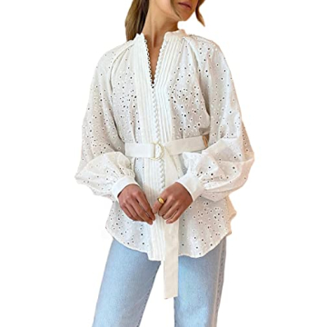 Aoxwomens Casual Long Sleeve Shirt Dress Summer Spring Loose Shift Blouse Top(X-Large, White 202218)