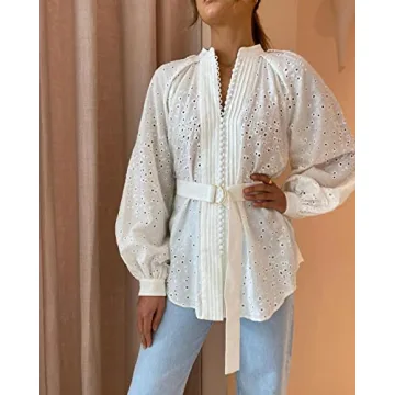 Aoxwomens Casual Long Sleeve Shirt Dress Summer Spring Loose Shift Blouse Top(X-Large, White 202218)