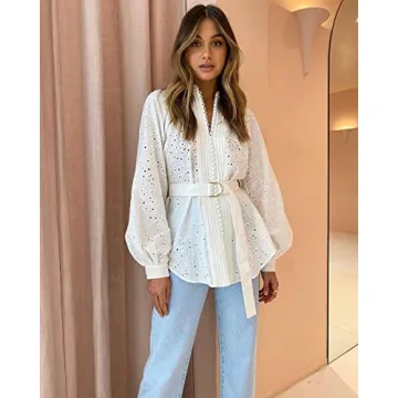 Aoxwomens Casual Long Sleeve Shirt Dress Summer Spring Loose Shift Blouse Top(X-Large, White 202218)