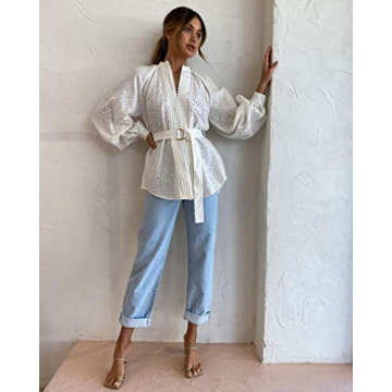 Aoxwomens Casual Long Sleeve Shirt Dress Summer Spring Loose Shift Blouse Top(X-Large, White 202218)