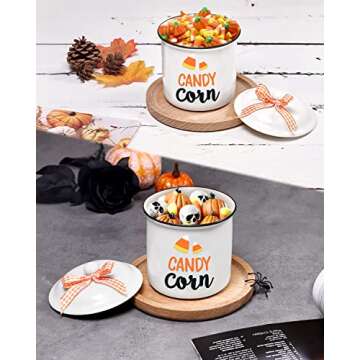 Nefelibata Candy Corn Ceramic Canister Tiered Tray Decor Halloween Trick or Treat Bowl Fall Candy Ho...