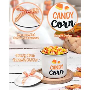 Nefelibata Candy Corn Ceramic Canister Tiered Tray Decor Halloween Trick or Treat Bowl Fall Candy Holder with Buffalo Plaid Bowknot Autumn Table Farmhouse Decoration Supplies Set of 1