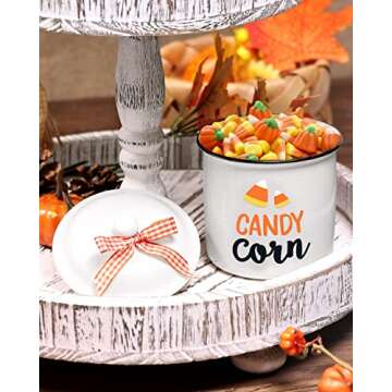 Nefelibata Candy Corn Ceramic Canister Tiered Tray Decor Halloween Trick or Treat Bowl Fall Candy Holder with Buffalo Plaid Bowknot Autumn Table Farmhouse Decoration Supplies Set of 1