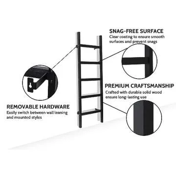 FUIN Wall Mounted 57in Wooden Blanket Ladder Living Room Decorative Farmhouse Quilt Display Holder Rustic Wood Towel Rack for Bathroom, Black