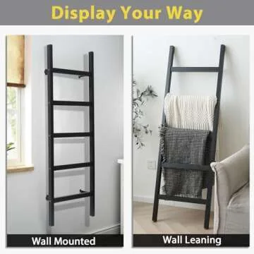 FUIN Wall Mounted 57in Wooden Blanket Ladder Living Room Decorative Farmhouse Quilt Display Holder Rustic Wood Towel Rack for Bathroom, Black