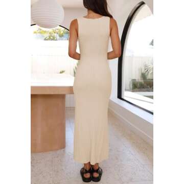 Ferlema Womens 2024 Sweater Dress Sleeveless Crew Neck Slim Fit Ribbed Knit Bodycon Elegant Maxi Dress Beige Medium