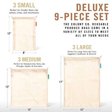 World's Strongest Reusable Produce Bags, Certified Organic Cotton Mesh, Machine Washable, Tare Weight Label, Double Drawstring, Plastic-Free Packaging, 9-Pack - Assorted Sizes (Small, Medium, Large)
