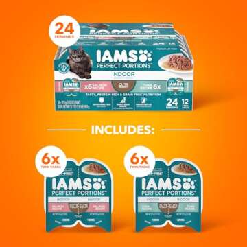 Iams Perfect Portions Indoor Adult Grain Free Wet Cat Food Pate Variety Pack, Salmon and Tuna Recipe...