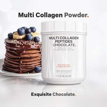 Codeage Multi Collagen Chocolate Protein Powder - Hydrolyzed Bovine Collagen Peptides, 5 Collagen Types & MCT Oil - Collagen Creamer, Chocolate Collagen Peptides - Protein Shakes - Non-GMO - 18.17 oz