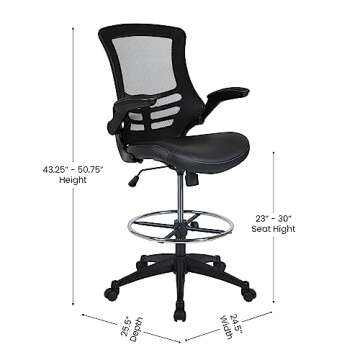 Flash Furniture Kelista Mid-Back Swivel Office Chair with Adjustable LeatherSoft Seat Height, Ergonomic Mesh Chair with Flip-Up Arms, Black