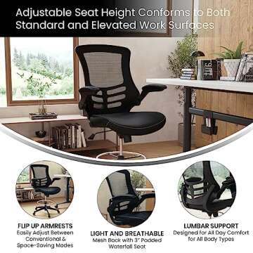 Flash Furniture Kelista Mid-Back Swivel Office Chair with Adjustable LeatherSoft Seat Height, Ergonomic Mesh Chair with Flip-Up Arms, Black