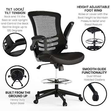 Flash Furniture Kelista Mid-Back Swivel Office Chair with Adjustable LeatherSoft Seat Height, Ergonomic Mesh Chair with Flip-Up Arms, Black