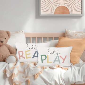 HIWX Kids Playroom Decor, Classroom Throw Pillows Cover,Let's Read Play Decorative 12 x 20 Throw Pillow Cover,Lets Play Read Kids Reading Corner Room Playroom Nursery Decor Set of 2 Pillowcase