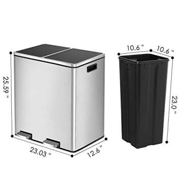 HEMBOR Dual Trash Can, 16 Gallon (2X30L) Step Rubbish Bin, Stainless Steel Double Compartment Classi...