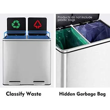 HEMBOR Dual Trash Can, 16 Gallon (2X30L) Step Rubbish Bin, Stainless Steel Double Compartment Classified Recycle Garbage Pedal Dustbin, Suit for Bathroom Kitchen Office Home, Indoor and Outdoor