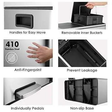 HEMBOR Dual Trash Can, 16 Gallon (2X30L) Step Rubbish Bin, Stainless Steel Double Compartment Classified Recycle Garbage Pedal Dustbin, Suit for Bathroom Kitchen Office Home, Indoor and Outdoor