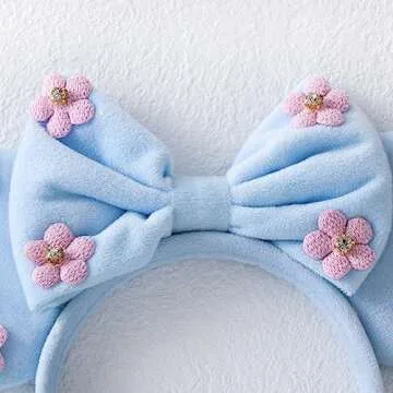 PAITTY Pearl Mouse Ears Bow Headbands for Girls Kids Sparkle Hair Band Ear Headband Party Princess Trip Cosplay Costume Decor (Sky Blue Flower)