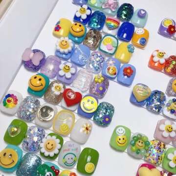 Dedyel Smile Nail Art Stickers Cute Nail Stickers Cartoon Nail Stickers 5D Embossed Smile Face Nail Stickers Kawaii Self-Adhesive Nail Stickers for Women Girls Kids Nail Art Decoration