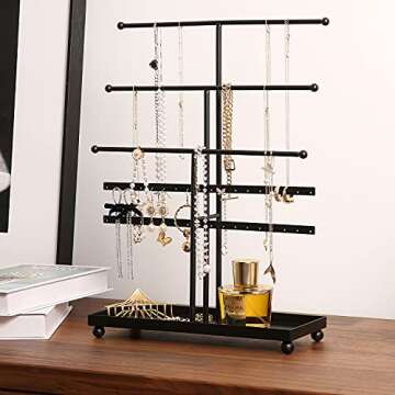 MyGift Matte Black Metal T Bar Jewelry Stand Organizer with Ring Tray, 3 Bracelet and Necklace Bars and 2 Earring Storage Hanger Bars for 18 pairs of Earrings