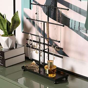 MyGift Matte Black Metal T Bar Jewelry Stand Organizer with Ring Tray, 3 Bracelet and Necklace Bars and 2 Earring Storage Hanger Bars for 18 pairs of Earrings