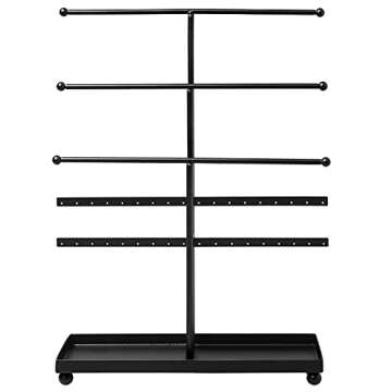 MyGift Matte Black Metal T Bar Jewelry Stand Organizer with Ring Tray, 3 Bracelet and Necklace Bars and 2 Earring Storage Hanger Bars for 18 pairs of Earrings