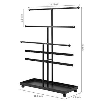 MyGift Matte Black Metal T Bar Jewelry Stand Organizer with Ring Tray, 3 Bracelet and Necklace Bars and 2 Earring Storage Hanger Bars for 18 pairs of Earrings