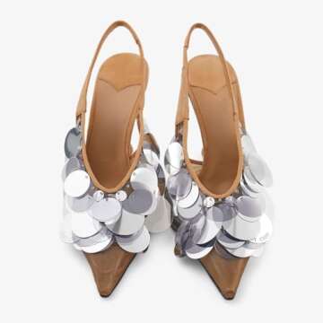 Goolita Women's Slingback Stiletto High Heels Closed Pointed Toe with Sequin Embellished Mesh Pumps Slip On Party Evening Pumps Shoes Brown