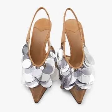 Goolita Women's Slingback Stiletto High Heels Closed Pointed Toe with Sequin Embellished Mesh Pumps Slip On Party Evening Pumps Shoes Brown