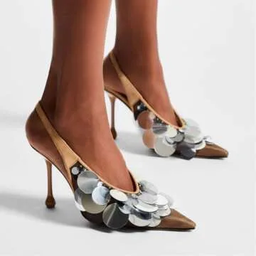 Goolita Women's Slingback Stiletto High Heels Closed Pointed Toe with Sequin Embellished Mesh Pumps Slip On Party Evening Pumps Shoes Brown