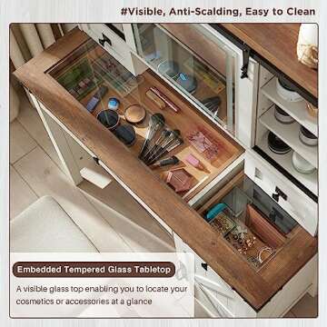 T4TREAM Farmhouse Makeup Vanity Desk with Sliding Mirror and Lights, 42'' Glass Tabletop Vanity Tabl...