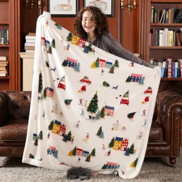 Cozy Bliss White Reversible Sherpa Throw Blanket for Couch, Ski Resort Print Plush Blanket for Teena...