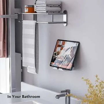 pzoz Wall Mount Cell Phone Holder for Outlet, Foldable Cellphone Stand for Mirror Bathroom Shelf Shower Bedroom Kitchen or Dorm Charging, Compatible with iPhone iPad or Tablet (White)